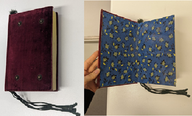 Two images are side by side. The first is of a closed book which is covered in pink velvet fabric. The second image is the same book open revealing the decorated paper end pages.