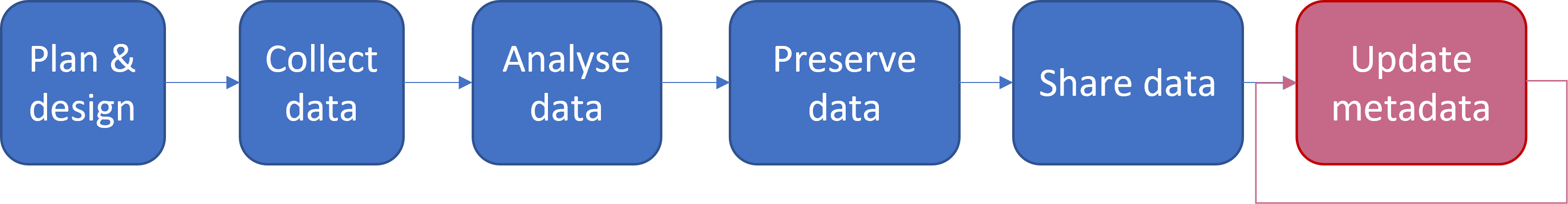 Flow chart showing the data management process, with 'Update metadata' stuck inside an endless loop.
