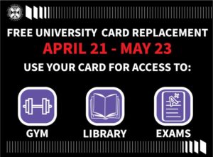 leaflet telling of the free card replacement service. includes 3 small pictures/signs for the gym, library and exams
